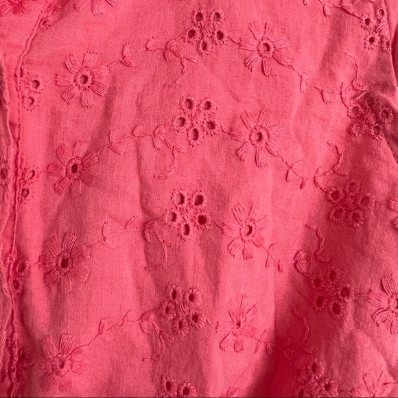 Sweet Button Down Blouse With Elasticized Waist And Stitched Floral Design - Picture 2 of 5